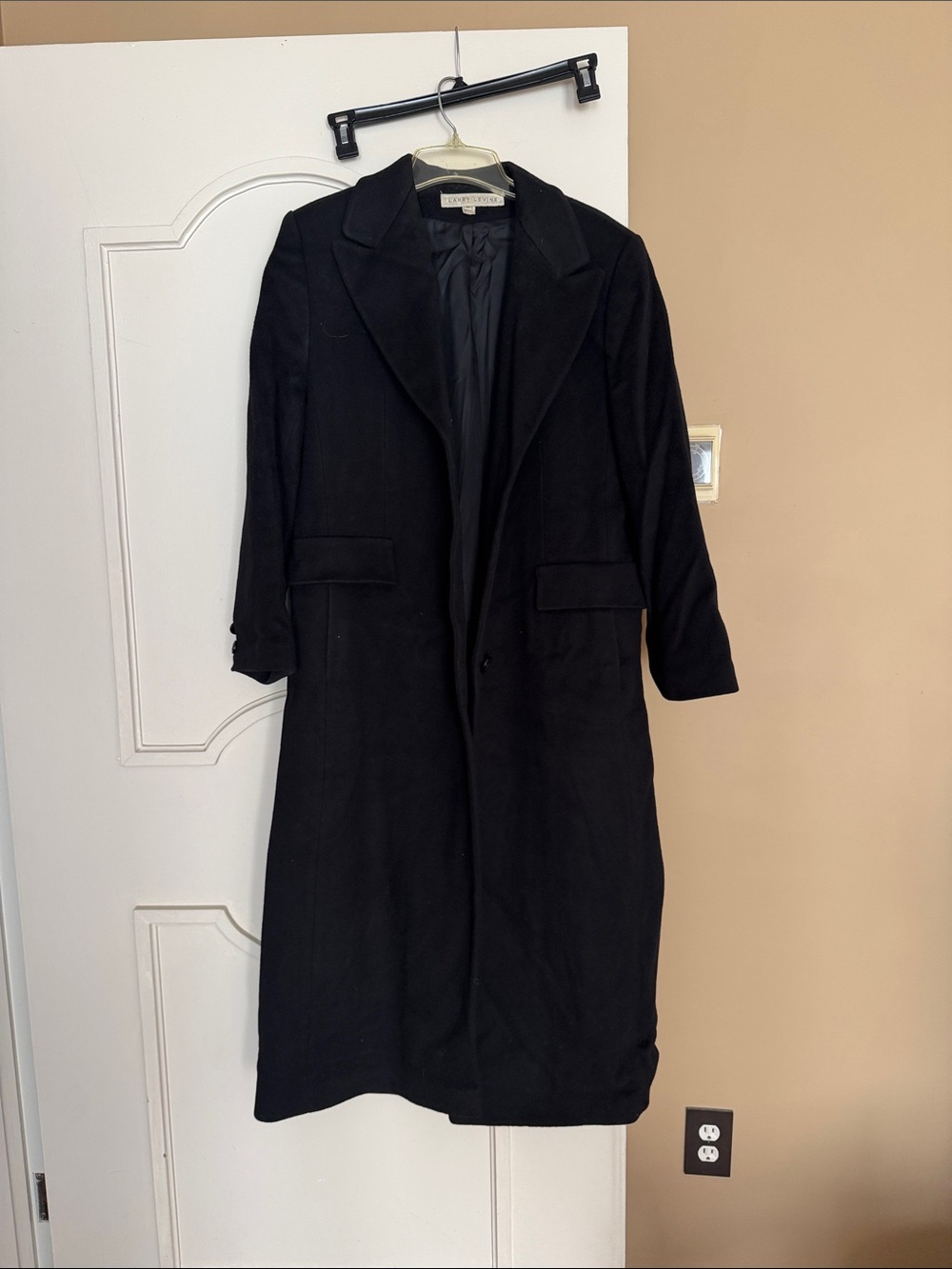 1990s vintage Larry Levine Black Long Trench Coat with Notch Lapel
